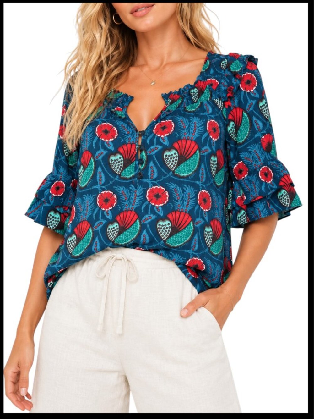 Anthropologie Maeve Letitia Red Teal Blue Floral Smocked Blouse S